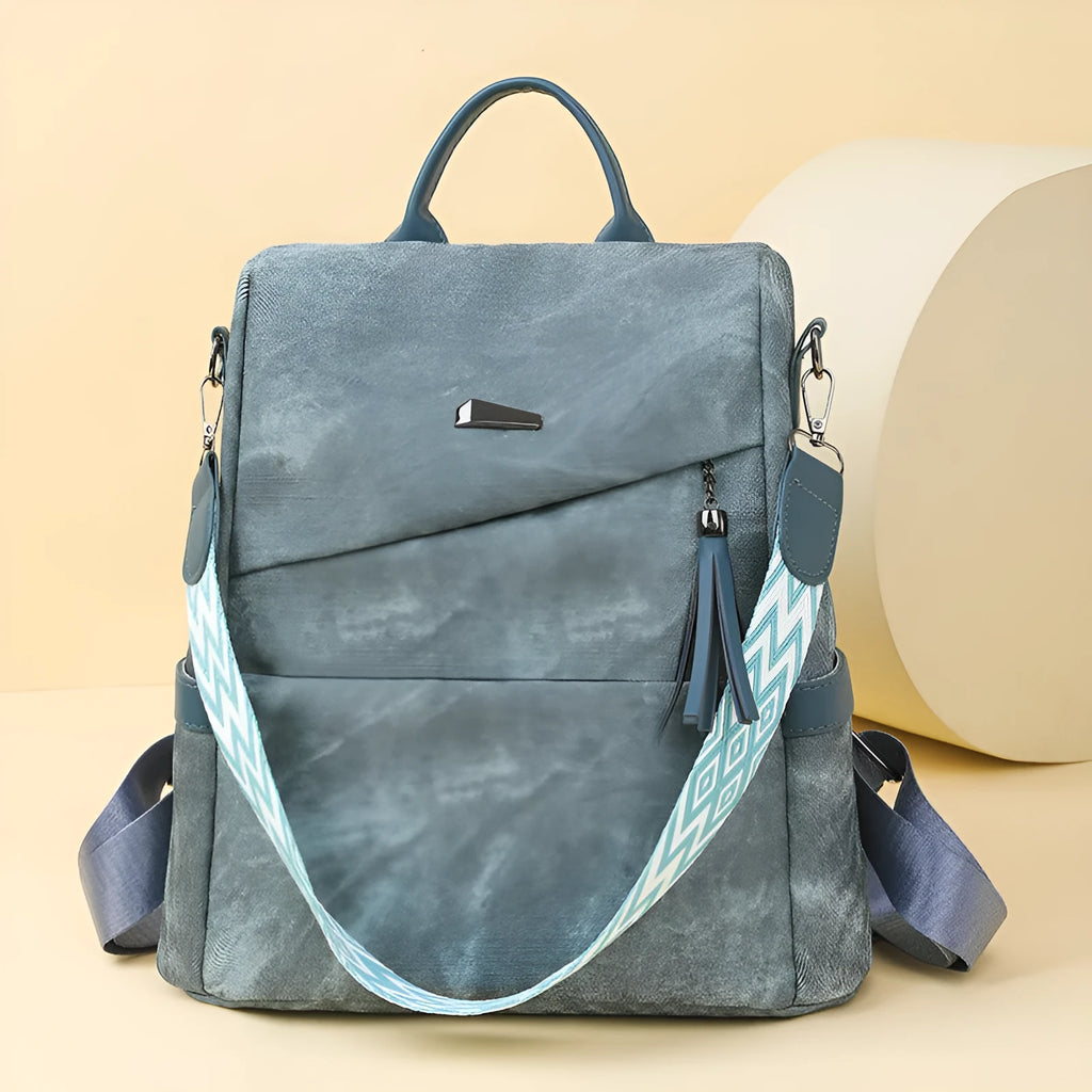 Women's PU leather national style contrast colour backpack with multiple pockets, available in beige, black, blue, dark brown, khaki, and light blue