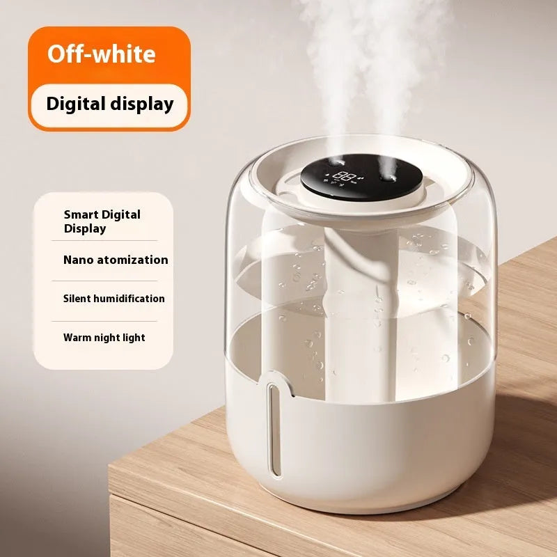 Beige round USB humidifier with dual spray nozzles, humidity display, and night light on a wooden surface.