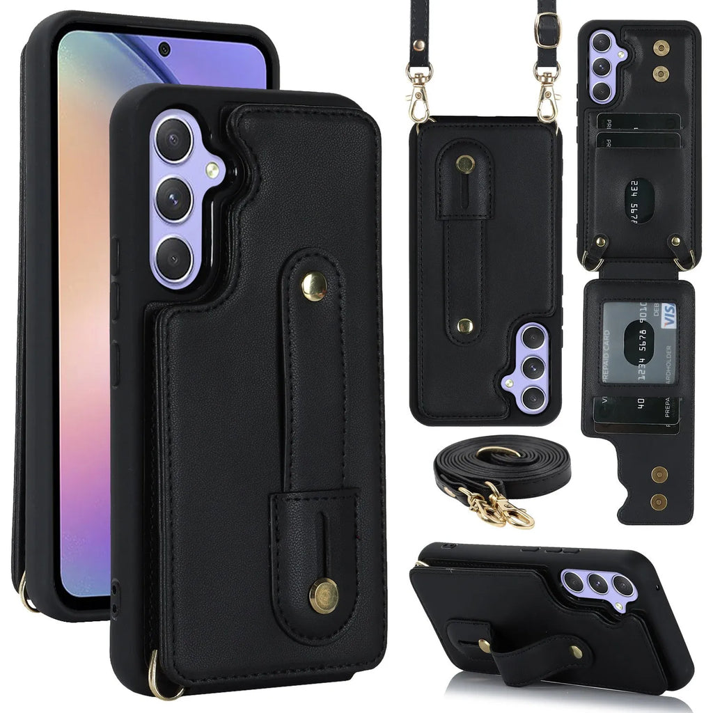 Samsung A54 5G leather phone case with lanyard in black hot pressing fit close up