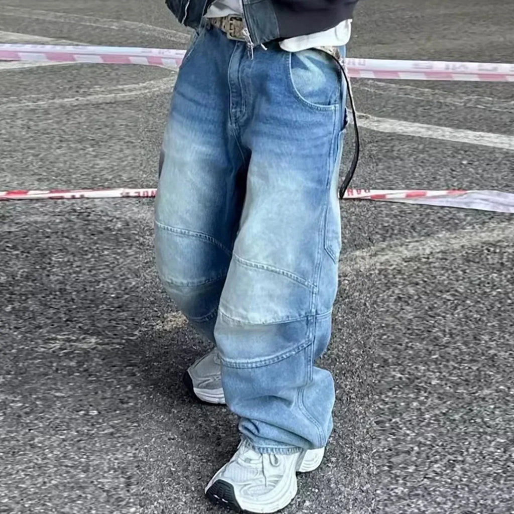 Men's blue profile pleated baggy jeans with straight-leg cut and zip fly