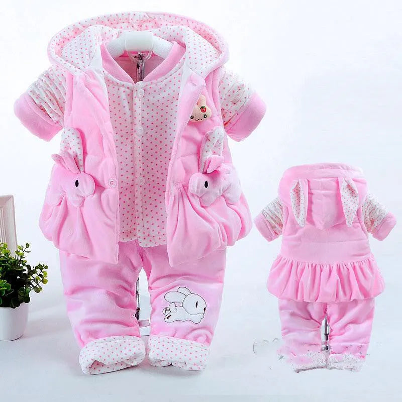 Baby girls autumn winter three-piece clothing set with jacket, pants, and vest in flannel cotton