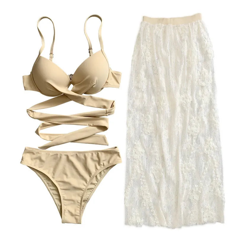 Three-piece backless push-up bikini set in solid colour with matching top, panties, and skirt