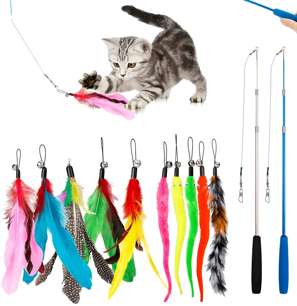 Cat teasing rod set with two extendable wands and ten feather teasing heads