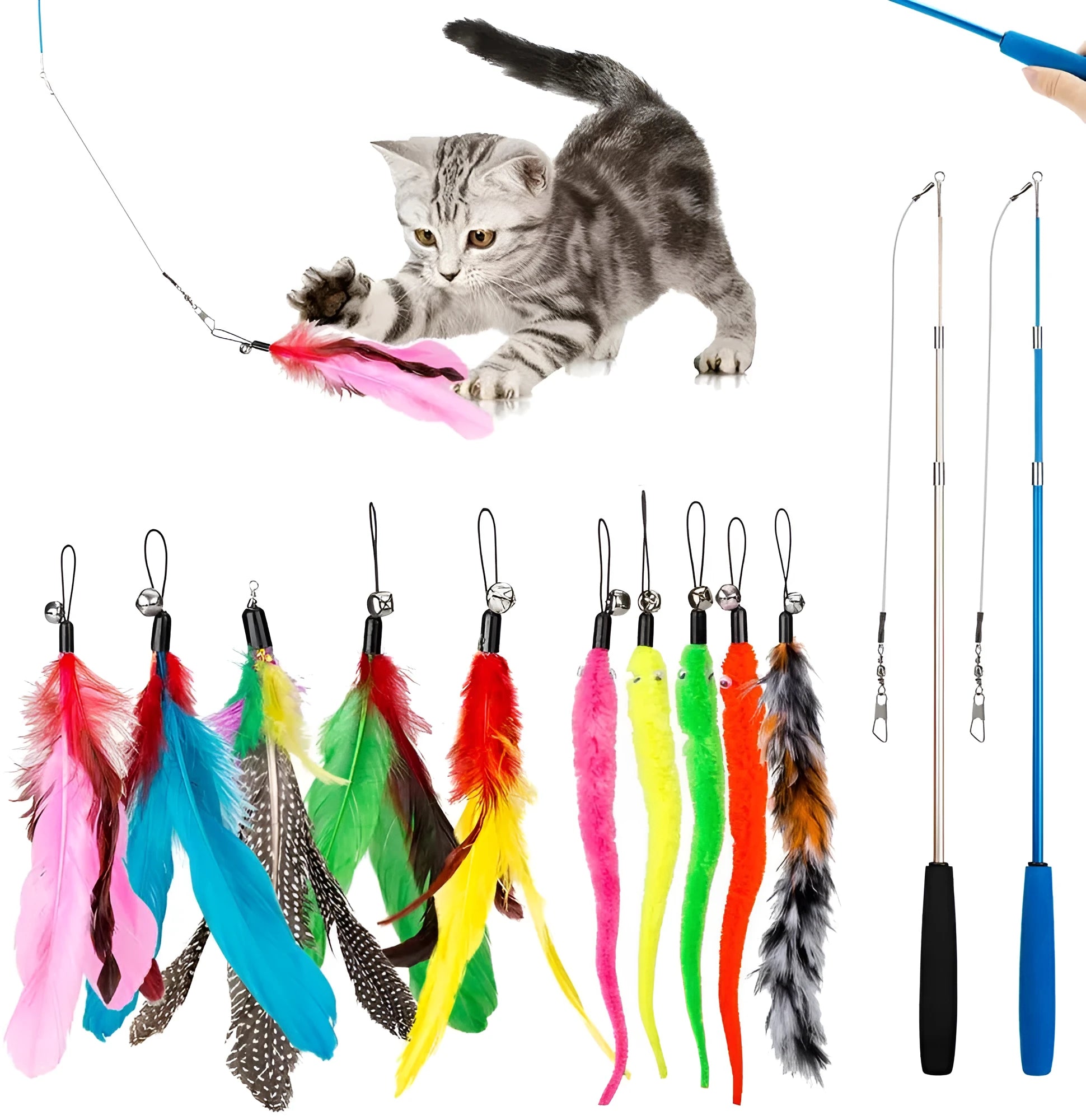 Cat teasing rod set with two extendable wands and ten feather teasing heads