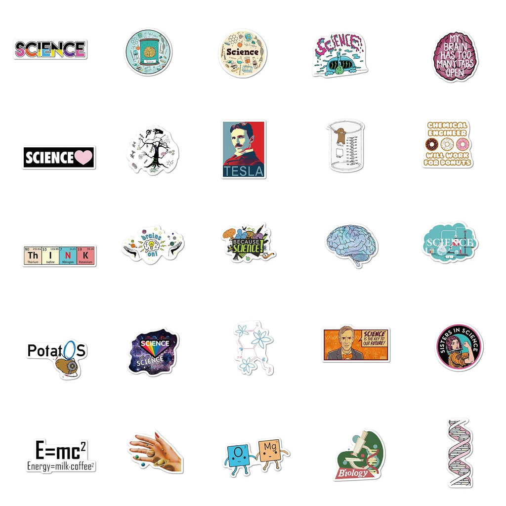 50 laboratory-themed graffiti stickers, waterproof adhesive vinyl, 3-6cm, in multicolour cartoon design on white background