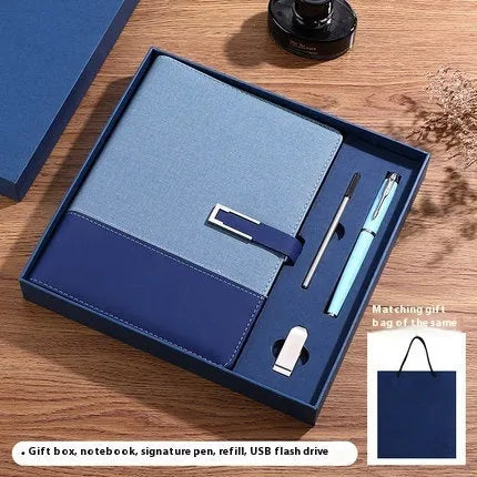 A5 soft PU leather business notebook in choice of five colours, shown with wood-free paper pages and optional gift box.
