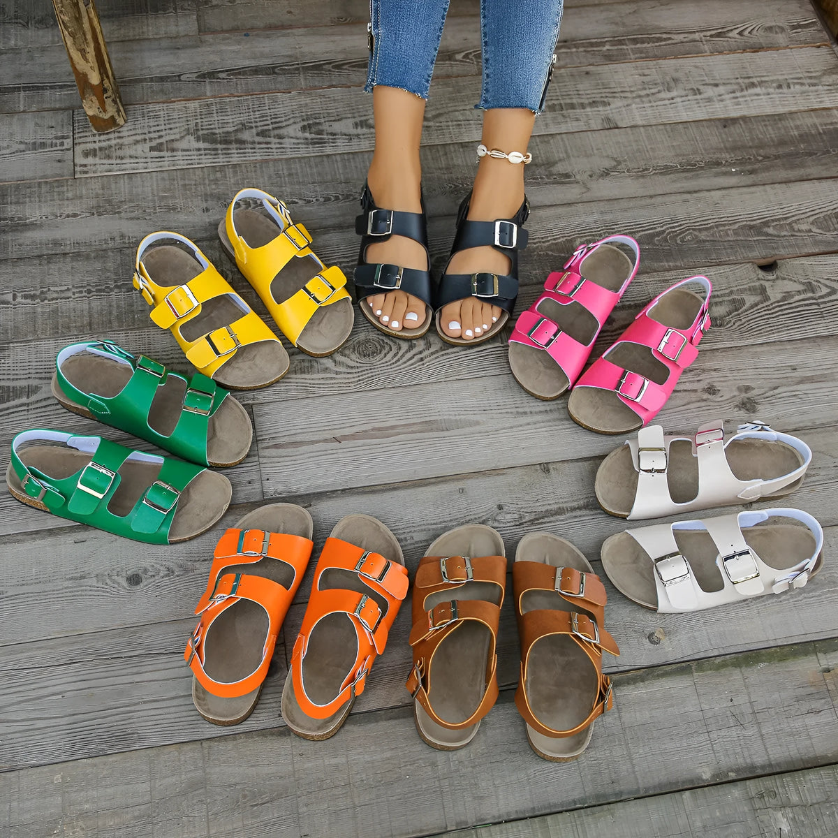 Women's flat sandals with square buckle, chunky sole, round toe, PU upper, rubber outsole, casual style