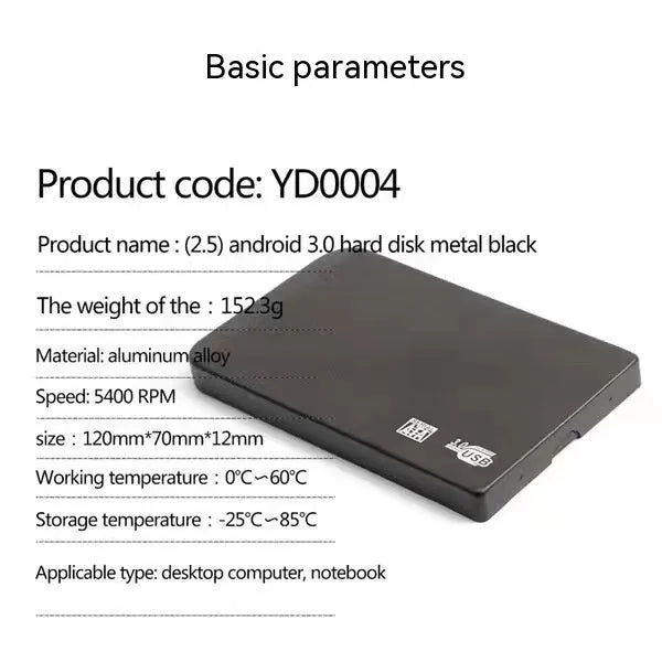 Silver metal USB 3.0 solid state external hard drive with data cable.