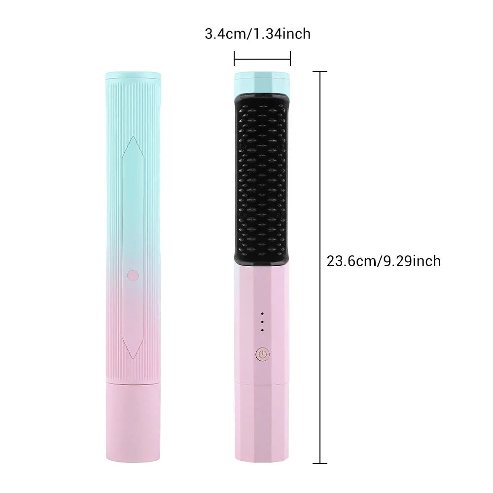 Pink and purple rechargeable wireless hair straightening comb with dual-purpose curling feature