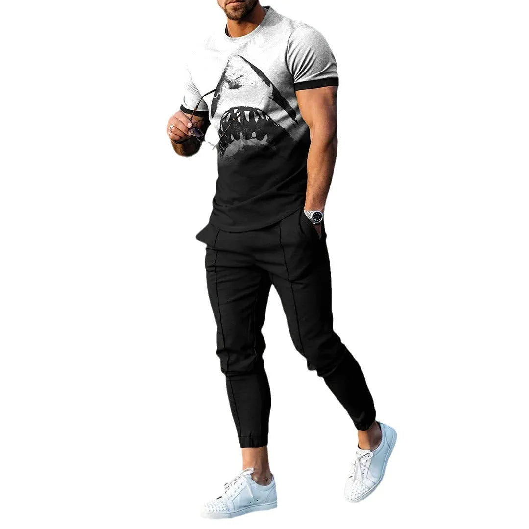 Men's short-sleeved round neck pullover and matching trousers sportswear set in a thin polyester fabric