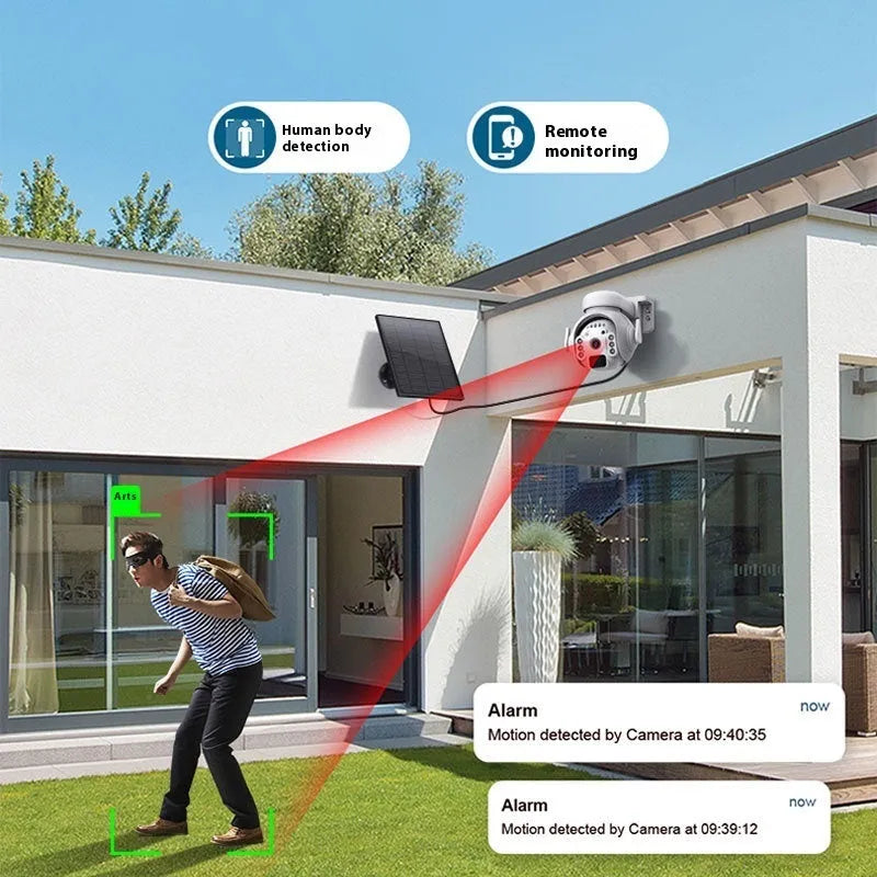 Q55 solar-powered outdoor security camera in white, black, or camouflage finish with integrated solar panel
