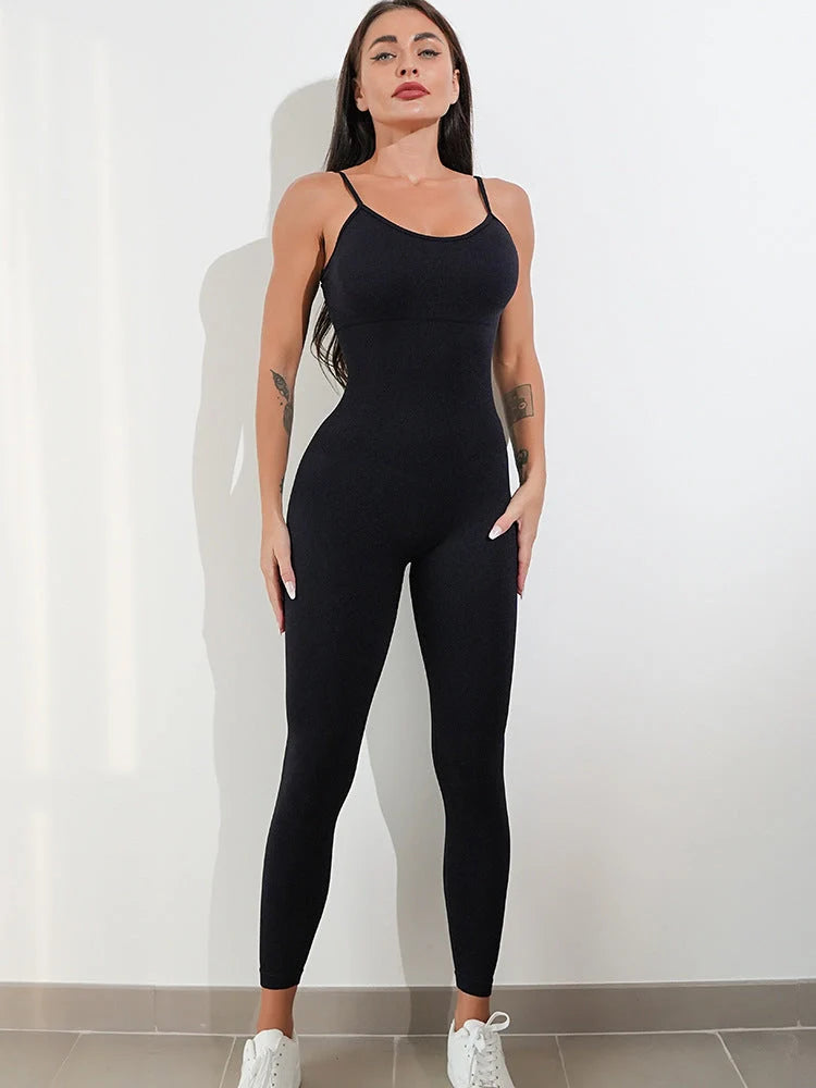 Women's nylon-spandex unitard jumpsuit with tummy control and adjustable spaghetti straps