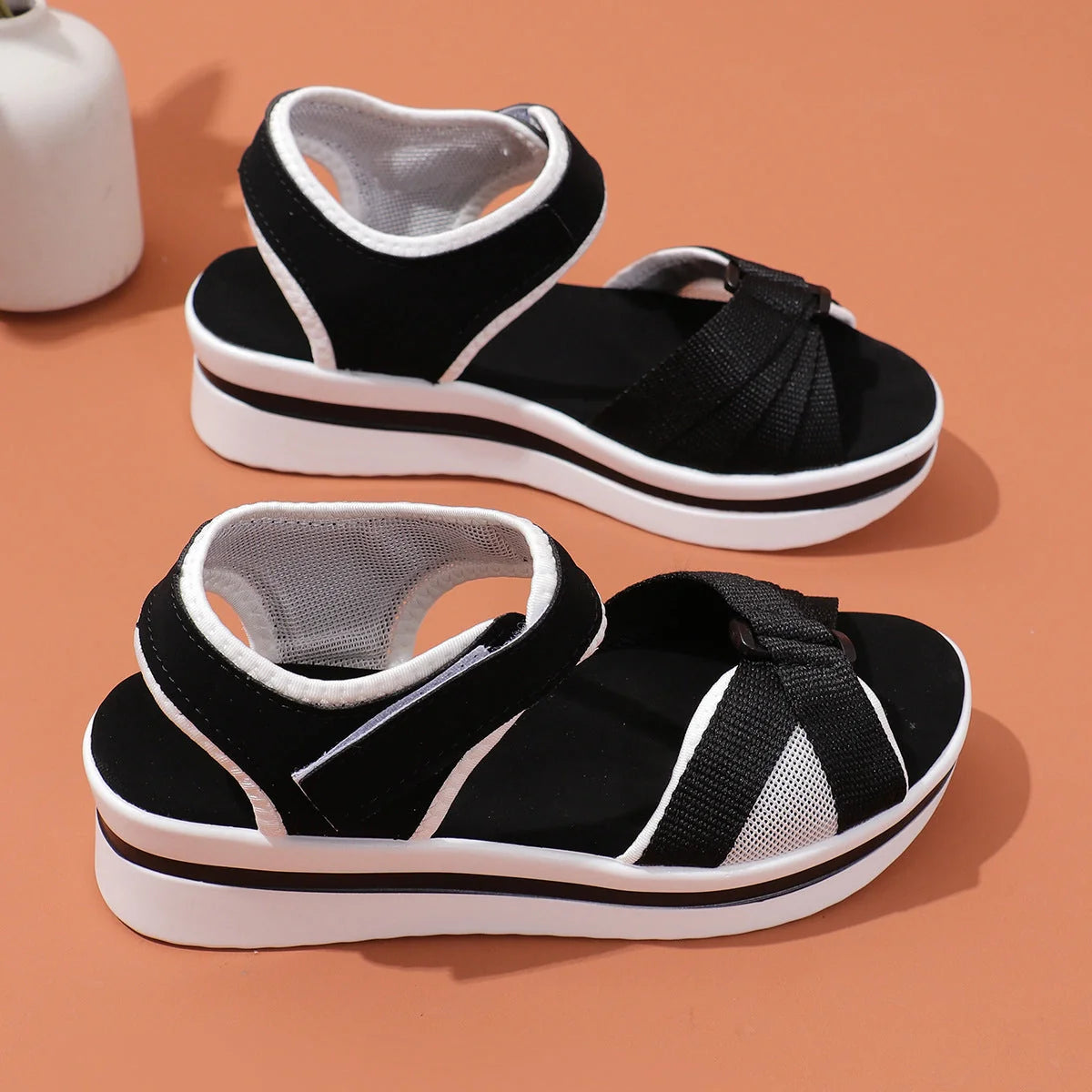 Women's summer mesh cross-strap sandals with Velcro design and thick sole in various colours