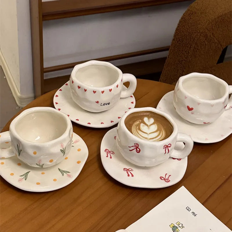 Korean ins style hand-painted ceramic cup and saucer set with red edge love cup floral pattern on saucer