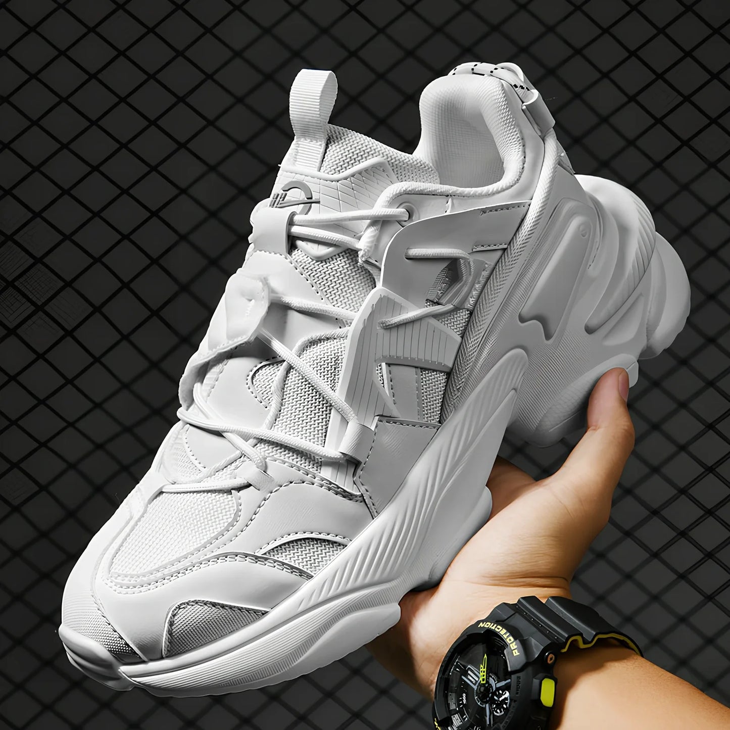 Thick soled sports shoes in beige with 4-6cm height boost, breathable synthetic leather upper and lightweight PU sole, size 36-45