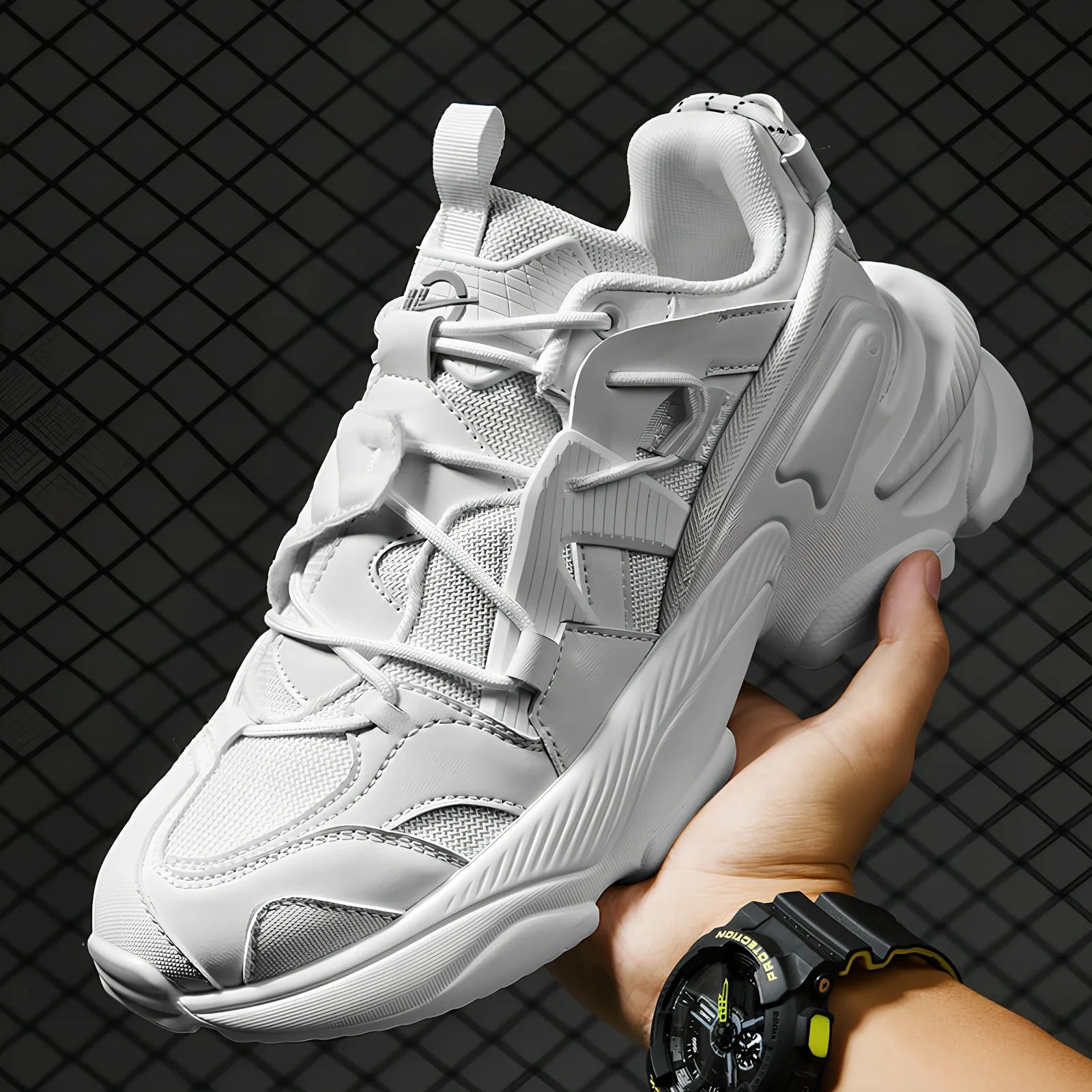 Thick soled sports shoes in beige with 4-6cm height boost, breathable synthetic leather upper and lightweight PU sole, size 36-45