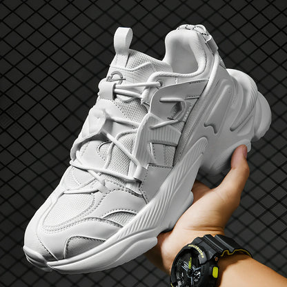 Thick soled sports shoes in beige with 4-6cm height boost, breathable synthetic leather upper and lightweight PU sole, size 36-45