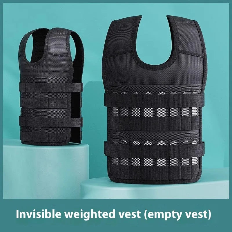Black leather adjustable weight vest with cast iron plates for running and strength training