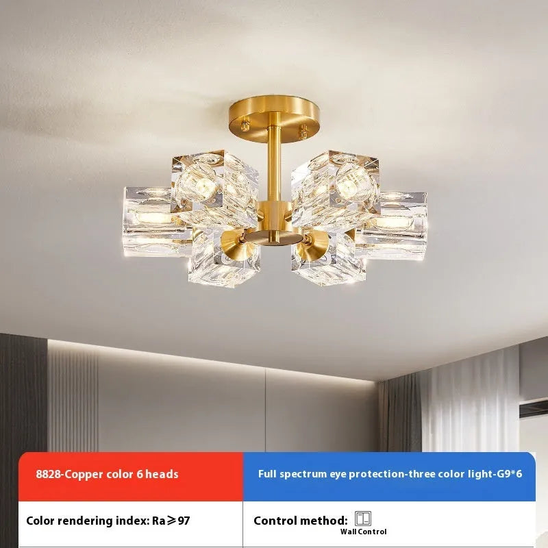 Copper crystal ceiling lamp 6 head with black gold wipe finish and three colour variable light for home