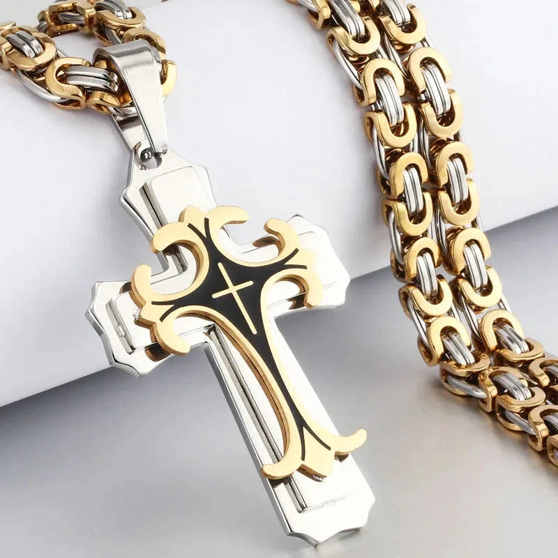 Men's Christian Trinity Latin Cross Necklace in stainless steel with three layers