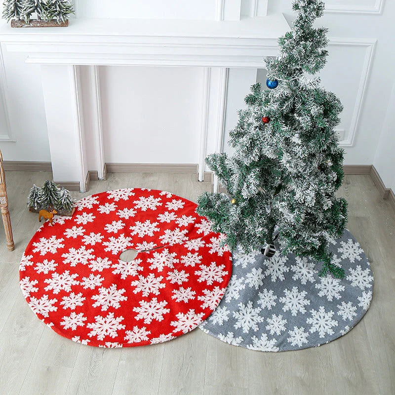 Cozy Christmas tree skirt with plush, snowflake pattern design for festive holiday decor