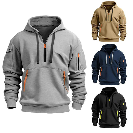 Relaxed fit hooded sweatshirt in various colors, including black, navy blue, khaki, and light gray