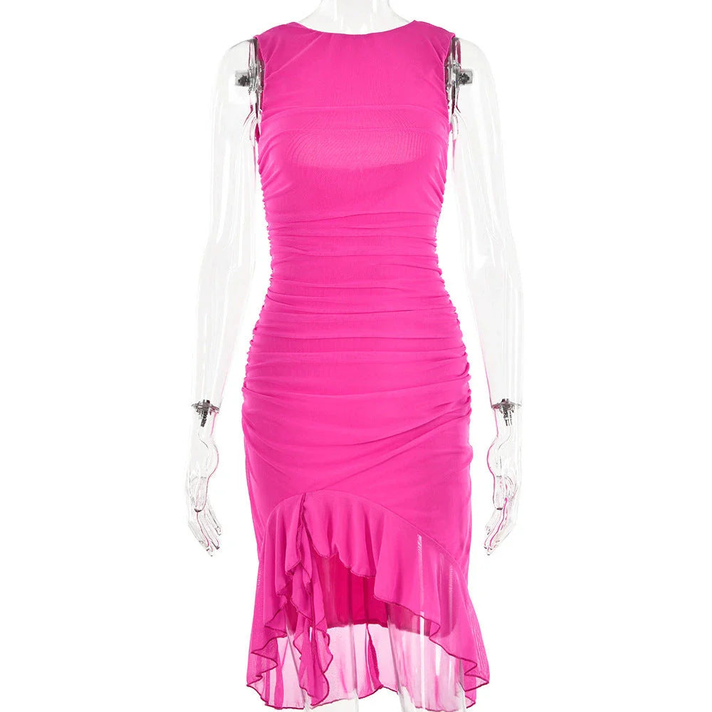 Chic sleeveless mini dress with collage design in various colors for stylish summer parties and events