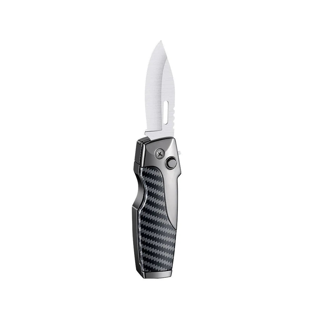 Zinc alloy metal folding lighter and knife multi-tool in a wood grain finish.