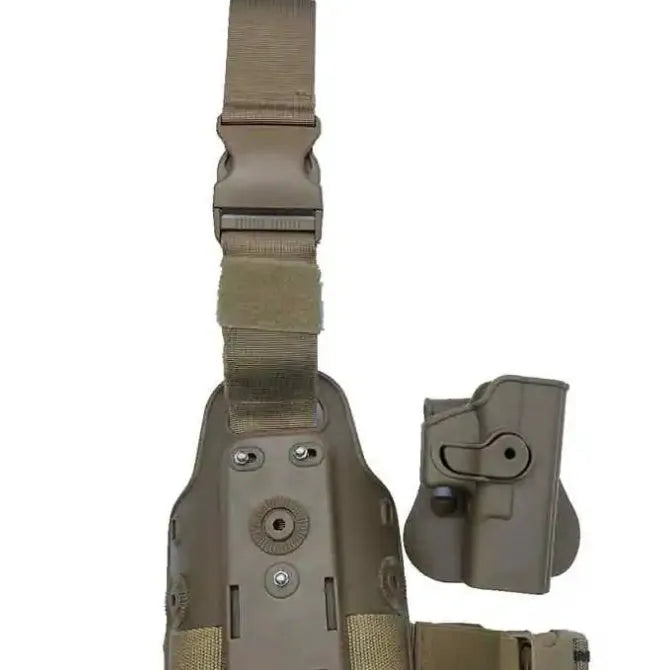 Green plastic leg tactical holster bag with quick-pull waist plate for outdoor sports.