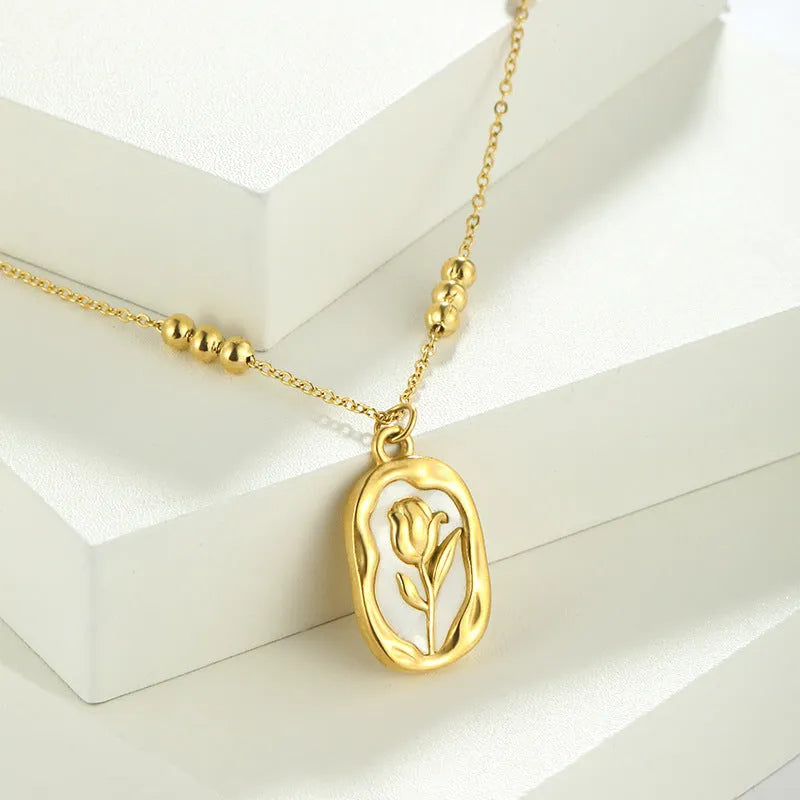 Simple rose white shell flower pendant necklace on regular chain for women, stainless steel with 18K electroplated finish
