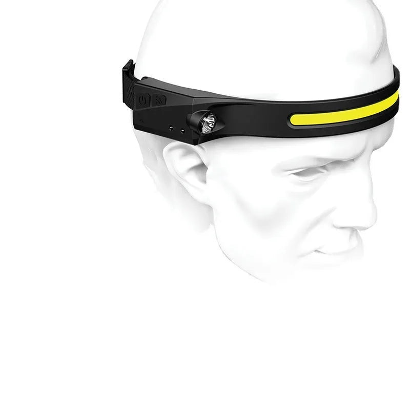 Black silicone USB-rechargeable headlamp with a wide COB LED lens and a side wave sensor.
