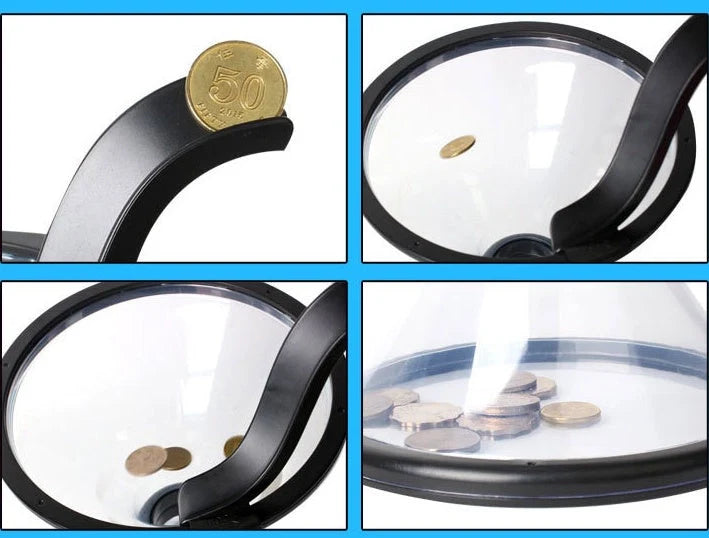 Transparent vortex piggy bank with coins spiraling down