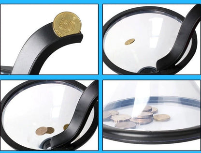 Transparent vortex piggy bank with coins spiraling down