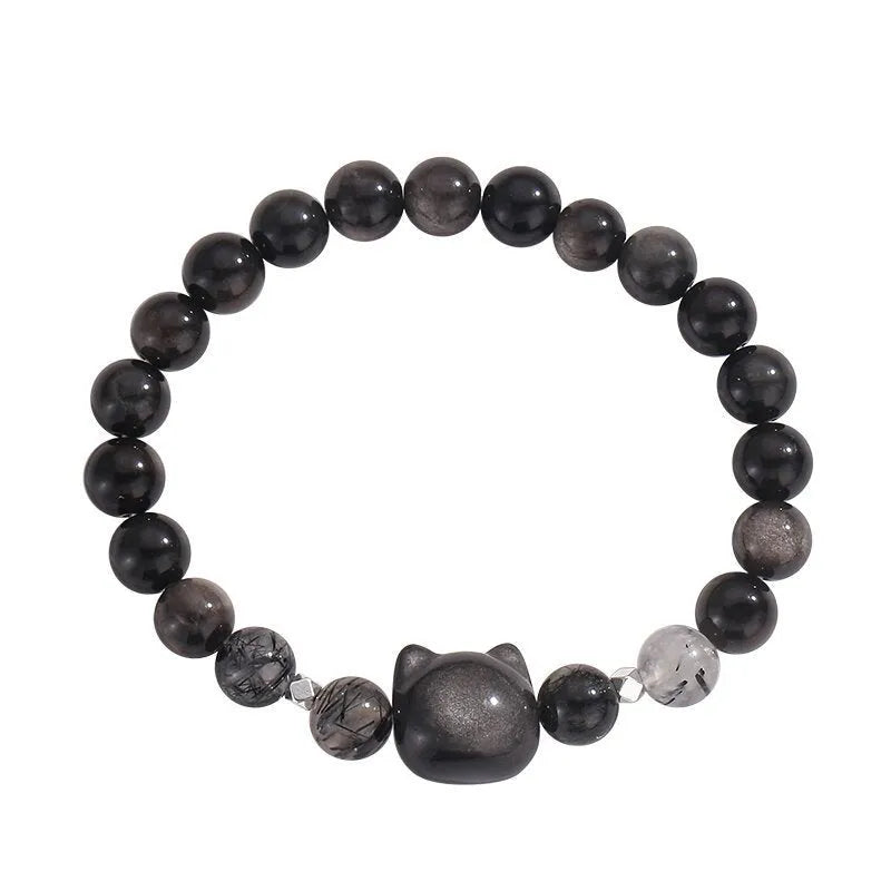Natural obsidian cat couple bracelet with electroplated silver finish showing cat modelling detail