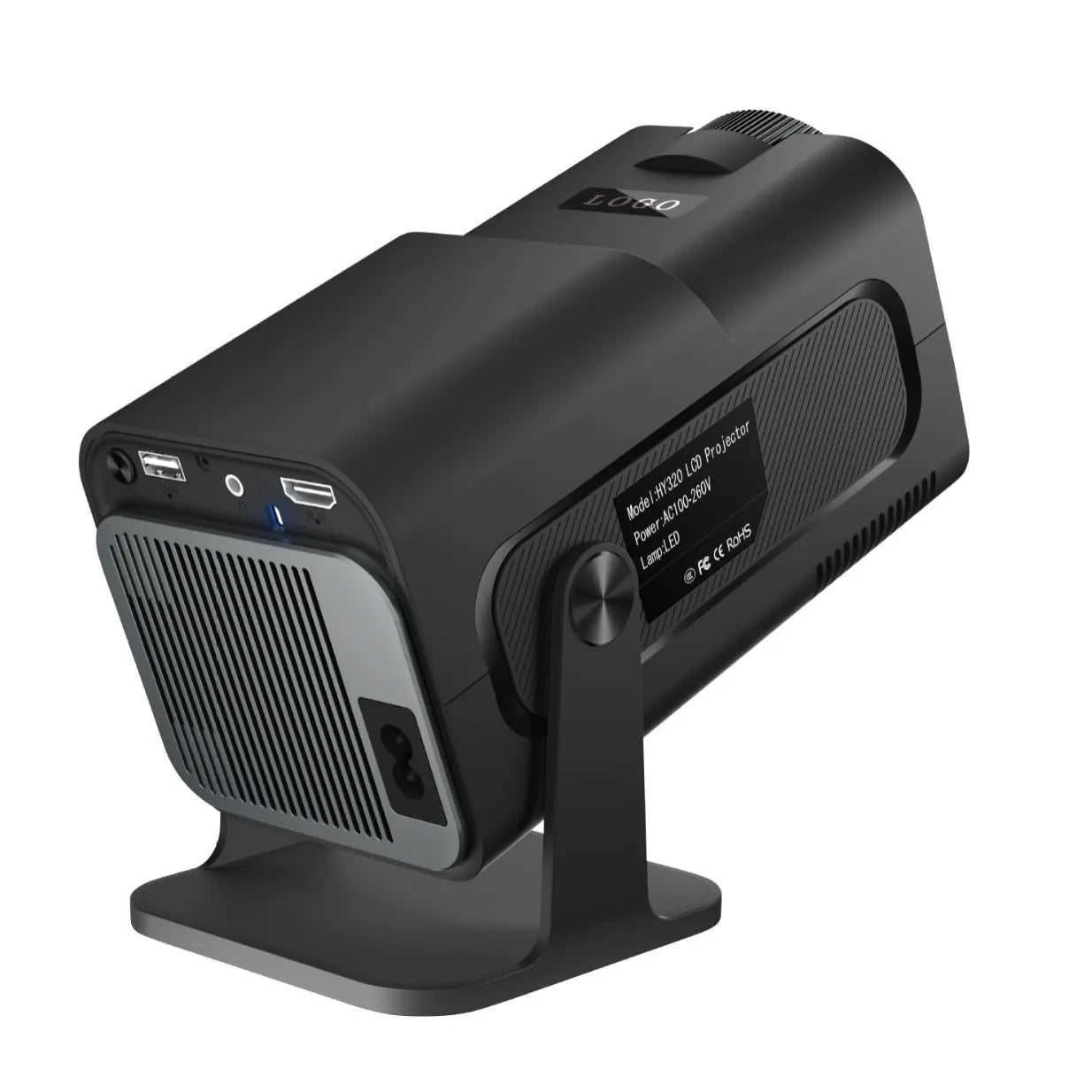 HY320 Android smart projector with 1080p resolution, 390 ANSI lumens, and rotatable PTZ bracket