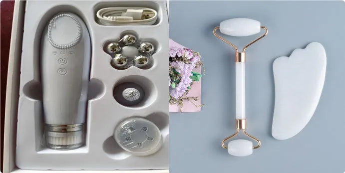 White jade double-headed facial roller and matching gua sha board set on a plain background.