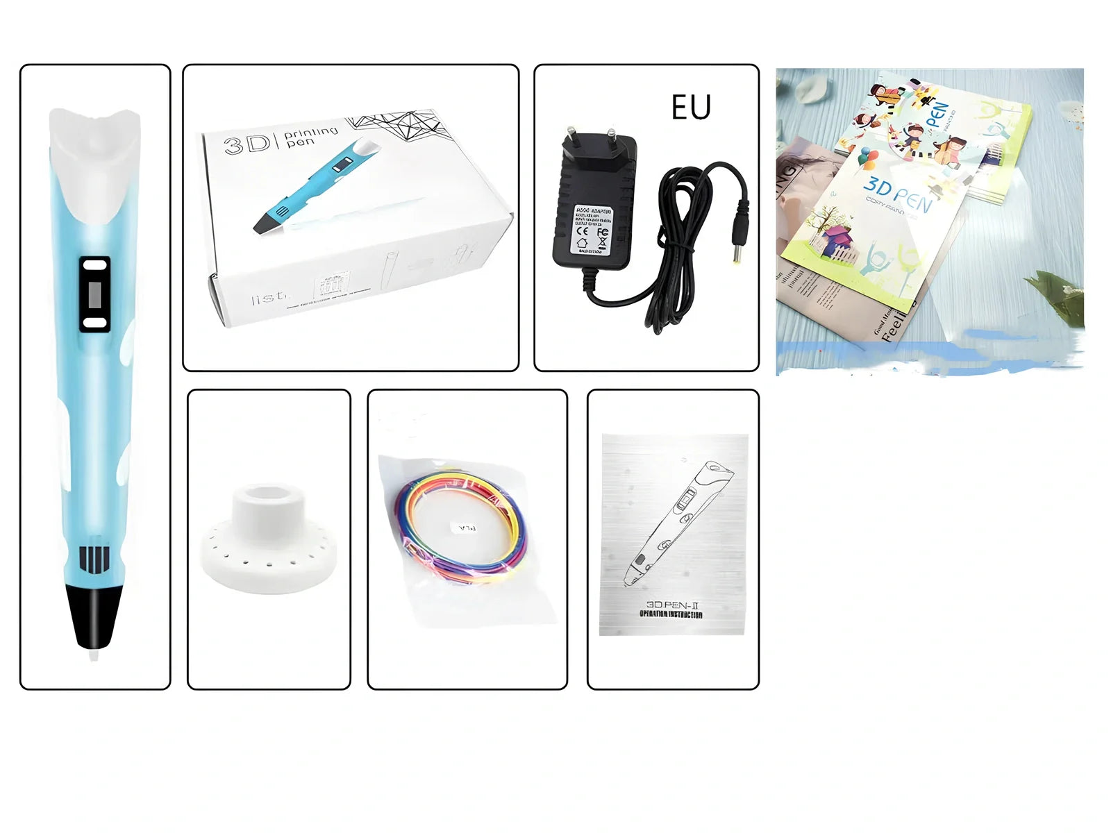 Yellow Children's 3D Printing Pen with USB, base, and 3m 3-colour consumables for three-dimensional drawing