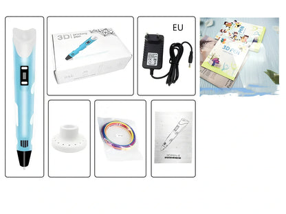 Yellow Children's 3D Printing Pen with USB, base, and 3m 3-colour consumables for three-dimensional drawing