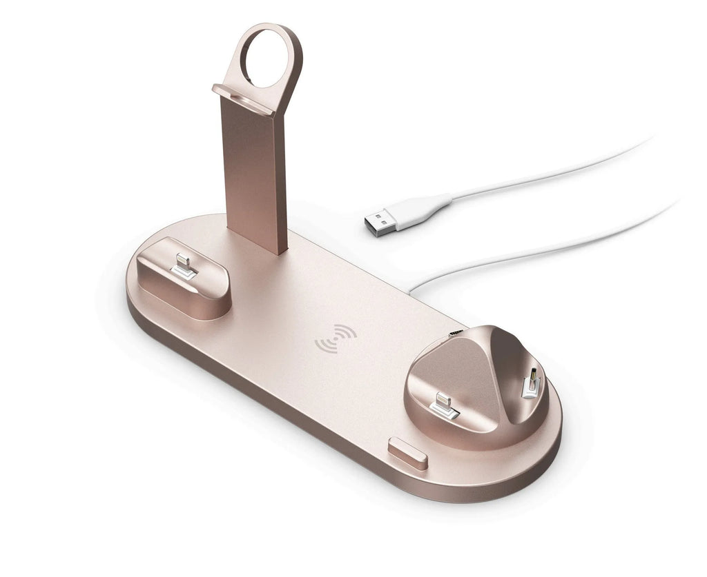 15W wireless charging stand holding phone, Apple Watch and AirPods in black finish