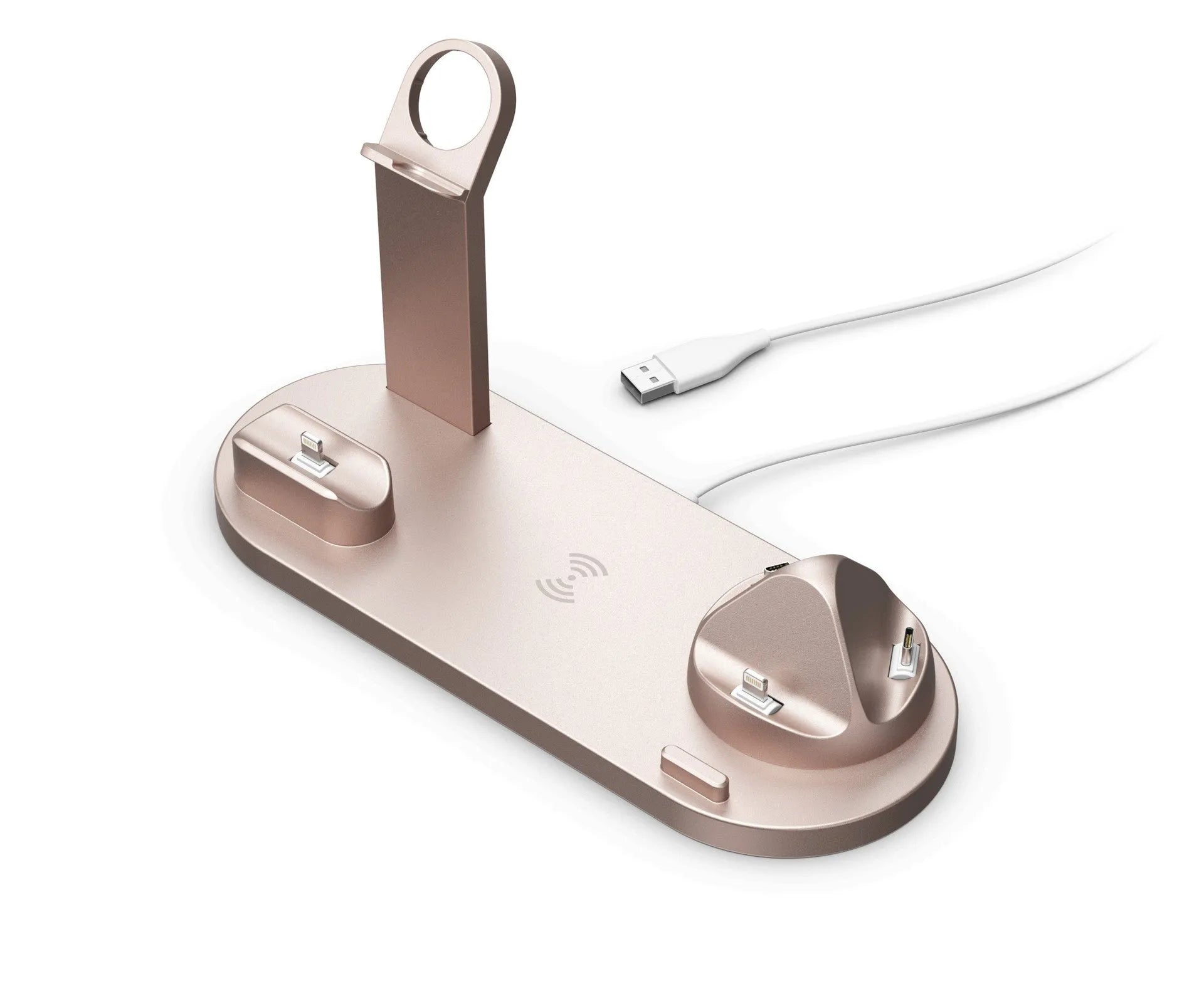 15W wireless charging stand holding phone, Apple Watch and AirPods in black finish