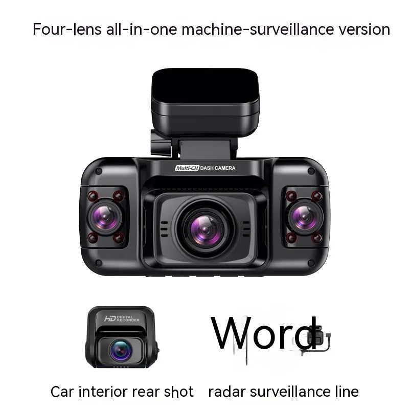 Plastic car dash cam with four lenses and a 2-inch screen for parking surveillance.
