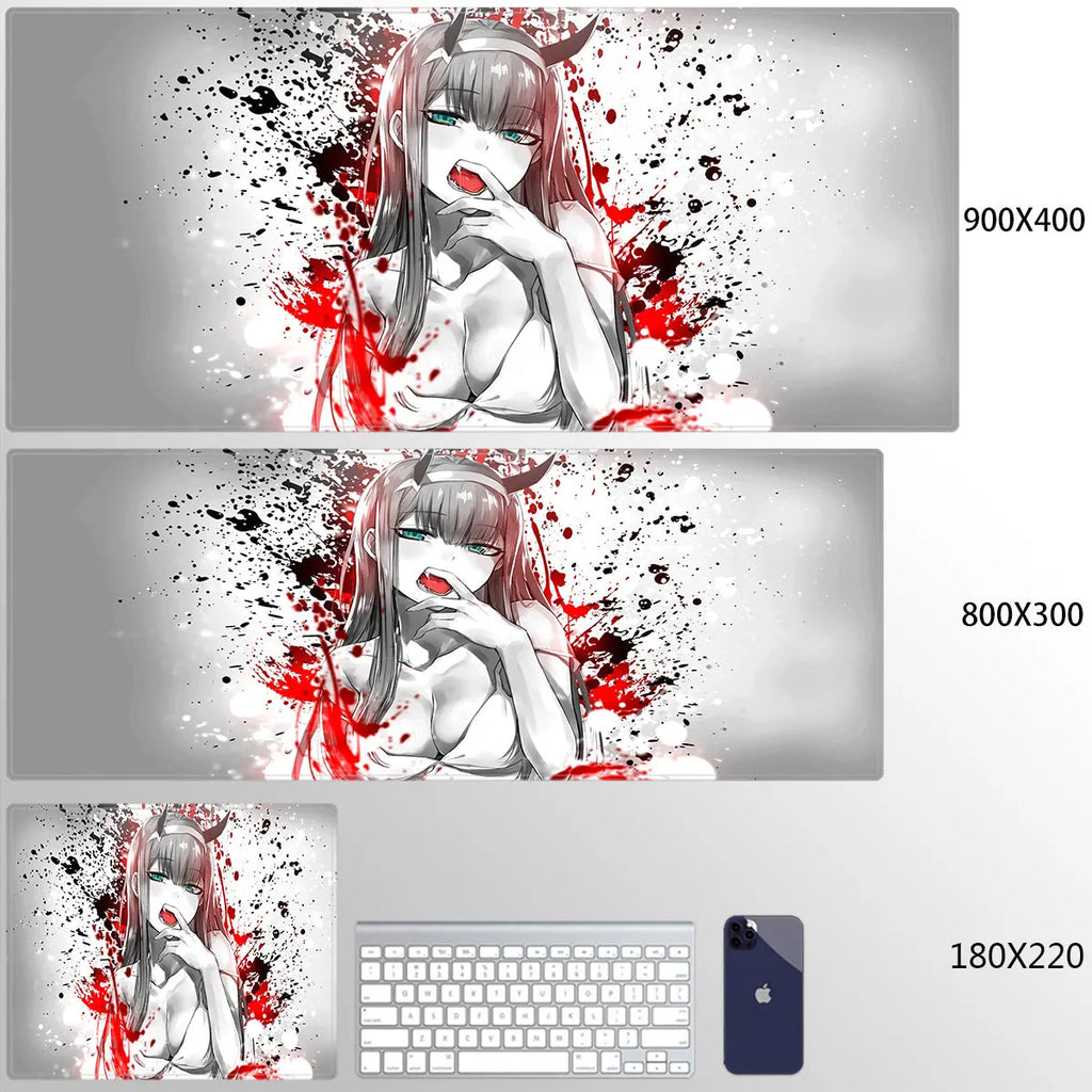 Pink Darling anime cloth keyboard mat on a desk with a mouse and keyboard