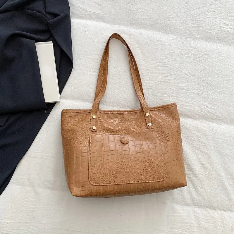 Retro large capacity single-shoulder handbag in soft PU with stitching details, available in black, tan, brown, coffee colours