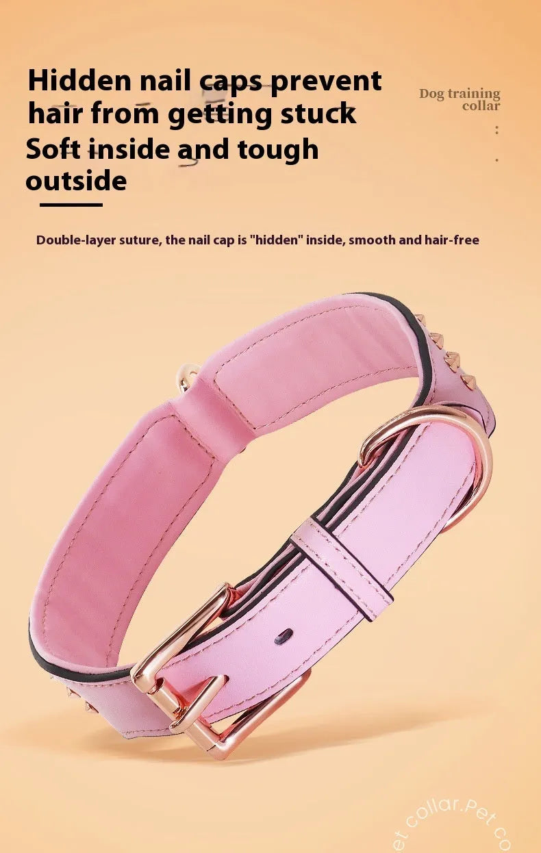 Leather dog collar with metal rivets in black, chocolate, or pink.