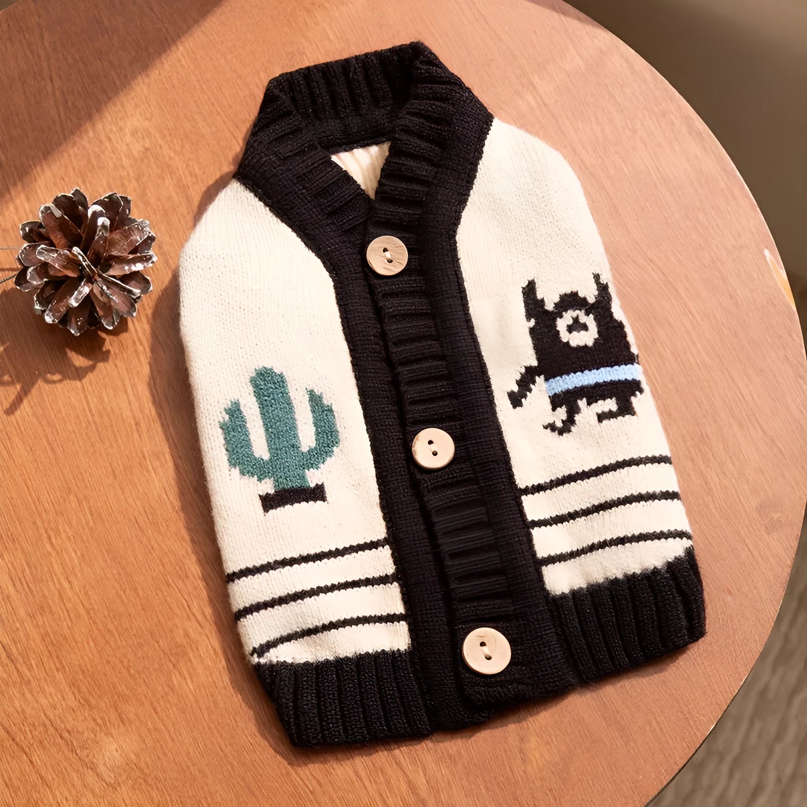 Warm small dog sweater in white with cactus and monster pattern, knit cardigan for small medium dogs