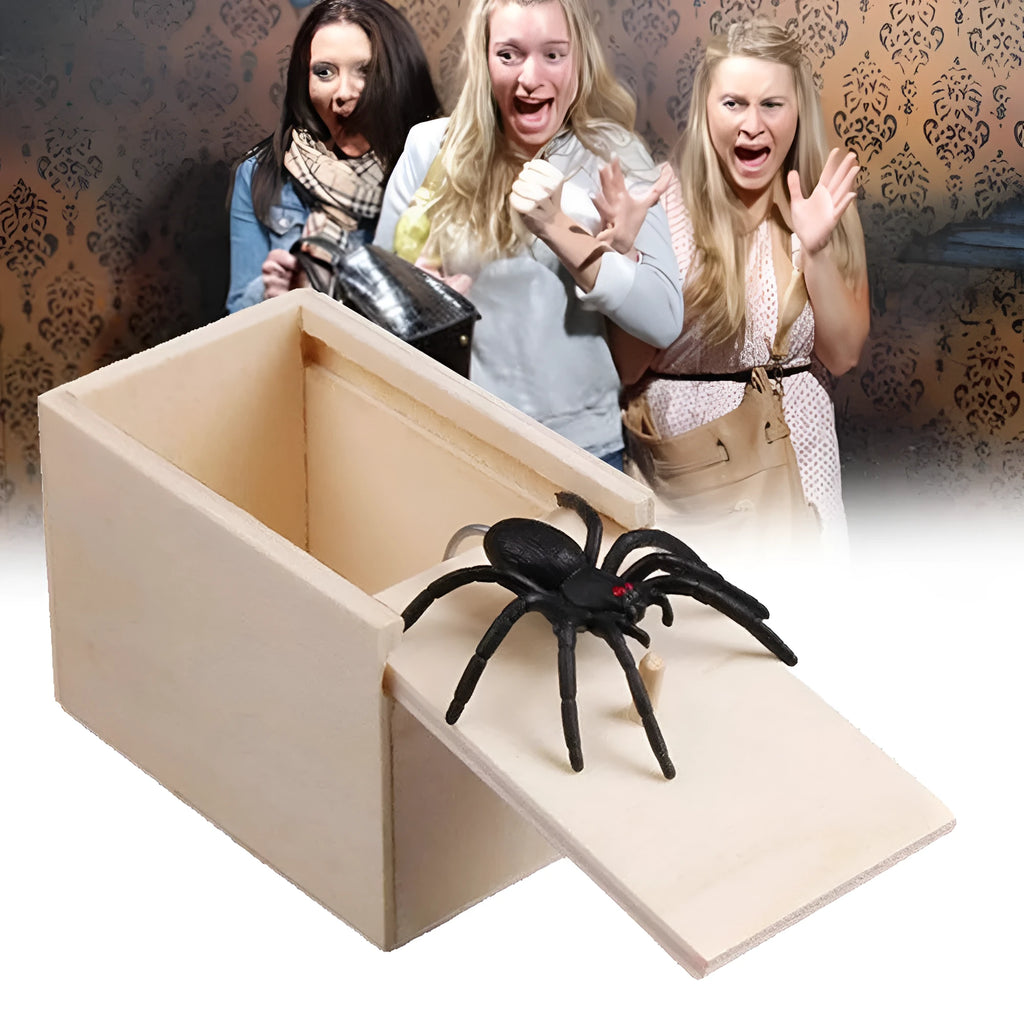 Wooden prank scare box closed on table, with random jumping animal surprise inside for April Fools' tricks.