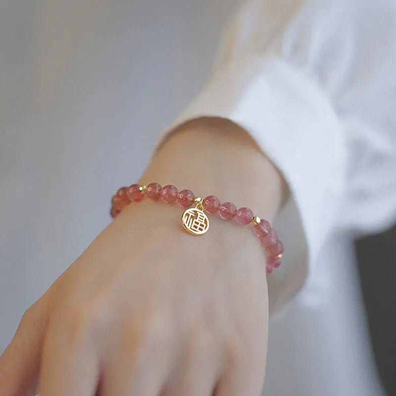 Glass bracelet with strawberry quartz detailing in New Chinese style with manual processing