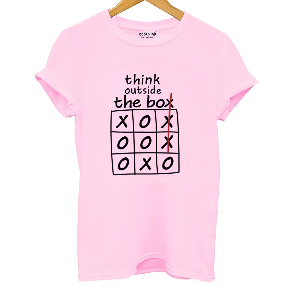 Think Outside The Box motivational T-shirt in grey, cotton blend, classic fit with double-needle hems, sizes XS-XXL