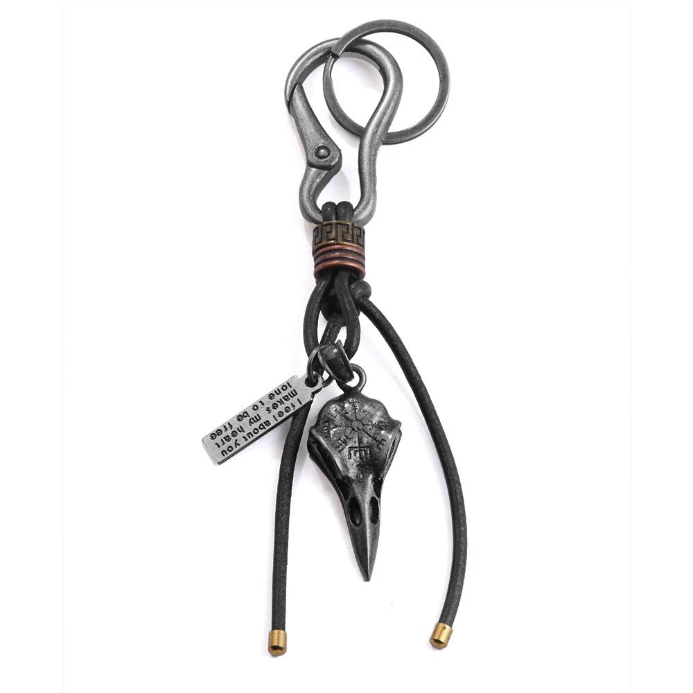 Retro leather rope keychain with lobster buckle and skull pendant in bronze and silver