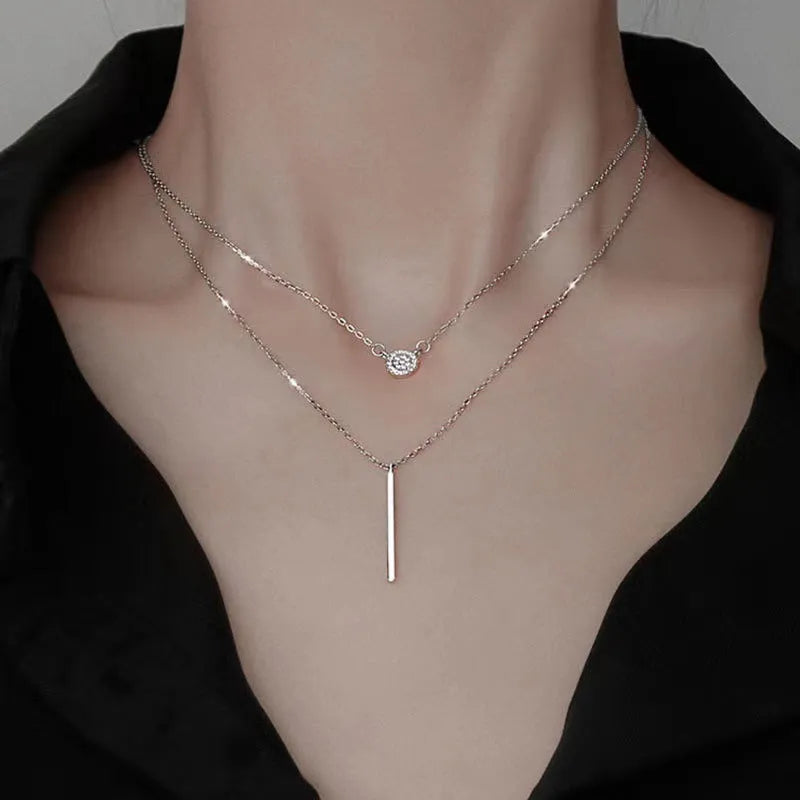 S925 silver double chain long stick micro pave zircon round pendant necklace for women white gold colour